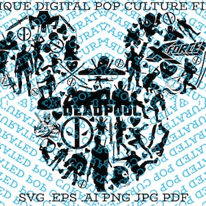 May include: Black and white silhouette of Deadpool in a Mickey Mouse shape. The silhouette is made up of various Deadpool characters and symbols, including his mask, swords, and the X-Force logo. The text "Deadpool" is written in bold letters at the bottom of the image.