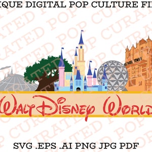 May include: A colorful illustration of the Walt Disney World theme park skyline, featuring iconic landmarks like Cinderella's Castle, Spaceship Earth, and the Hollywood Tower Hotel. The text "WALT DISNEY WORLD" is displayed in red letters on a yellow banner.