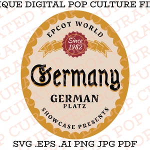 May include: A yellow and beige circle with a scalloped edge. The circle has the text "EPCOT WORLD" in a black, serif font. Inside the circle is the text "Germany" in a black, serif font. Below the text "Germany" is the text "GERMAN PLATZ" in a black, serif font. Below the text "GERMAN PLATZ" is the text "SHOWCASE PRESENTS" in a black, serif font. In the upper right corner of the circle is a red circle with the text "Since 1982" in a white, serif font. The circle is surrounded by a yellow ribbon.