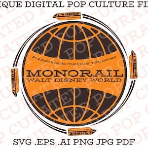 Könnte beinhalten: Ein schwarz-oranges Logo für die Walt Disney World Monorail. Das Logo zeigt einen stilisierten Globus, um den sich eine Monorail dreht. Der Text "PLEASE STAND CLEAR OF THE DOORS" steht über dem Globus. Der Text "MONORAIL" steht in großer Schrift unter dem Globus. Der Text "WALT DISNEY WORLD" steht in kleinerer Schrift unter dem Wort "MONORAIL".