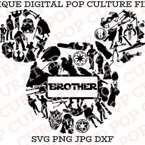 May include: Black silhouette design of Star Wars characters and elements arranged in a Mickey Mouse head shape. The word "BROTHER" is in a white rectangle. Text at the top reads "UNIQUE DIGITAL POP CULTURE FILES" and at the bottom "SVG PNG JPG DXF".