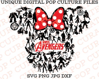 Red Minnie Mouse Avengers Comic Book Collage Parque de diversiones Paseo temático Capitán América Iron Man Hulk Camiseta Archivo