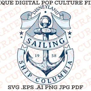 May include: A blue and white nautical themed graphic with an anchor, two banners, and the text "Sailing Ship Columbia" and "Disneyland". The numbers 19 and 58 are also included in the graphic.
