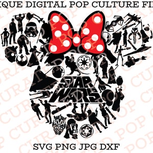 May include: A black and white silhouette of various Star Wars characters and objects arranged in the shape of a Mickey Mouse head with a red bow. The text "STAR WARS" is in the center of the design.
