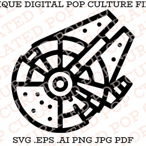 Może przedstawiać: Czarno-biały rysunek liniowy statku kosmicznego Millennium Falcon. Obraz zawiera tekst "UNIQUE DIGITAL POP CULTURE FILES" na górze i "SVG .EPS .AI PNG JPG PDF" na dole.