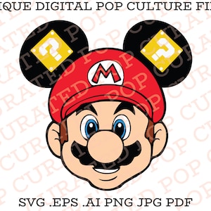 May include: A digital illustration of a cartoon character with a red cap, brown hair, and a mustache. The character is wearing a red cap with a white 'M' on it. The character has black Mickey Mouse ears with a yellow question mark on each ear. The text 'SVG .EPS .AI PNG JPG PDF' is at the bottom of the image.