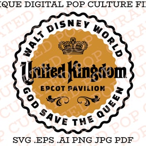 May include: A black and gold circular seal with the text "WALT DISNEY WORLD" and "United Kingdom" in a stylized font. The seal also includes a crown, the text "EPCOT PAVILION", and the text "GOD SAVE THE QUEEN".