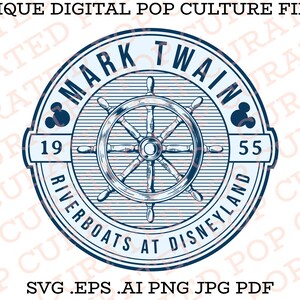 May include: A blue and white circular stamp with the text "Mark Twain Riverboats at Disneyland" and the numbers "19" and "55". The stamp features a stylized image of a ship's wheel.