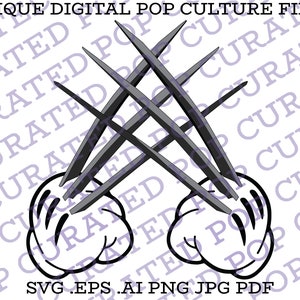 May include: Black and white illustration of a pair of hands with three claws protruding from each hand. The claws are crossed in an 'X' shape. The text "SVG .EPS .AI PNG JPG PDF" is at the bottom of the image.