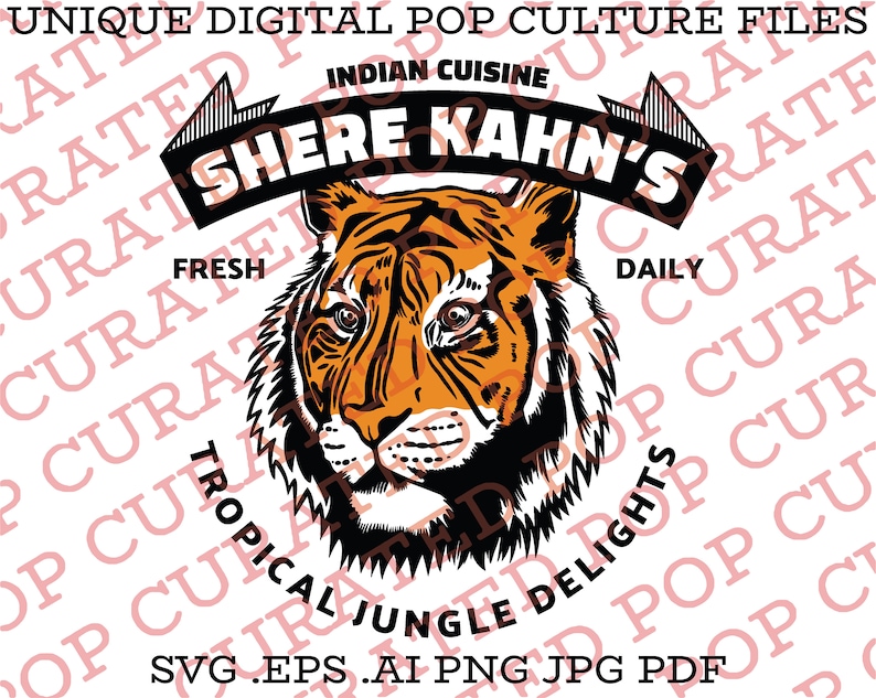 May include: A black and orange tiger head illustration with the text "Shere Kahn's" in a black banner above the tiger. The text "Fresh" is to the left of the tiger and "Daily" is to the right. Below the tiger is the text "Tropical Jungle Delights" and "SVG .EPS .AI PNG JPG PDF".