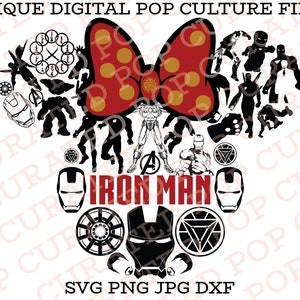 K&ouml;nnte beinhalten: Eine rote und wei&szlig;e Schleife mit gelben Punkten, umgeben von schwarzen Silhouetten von Iron Man-Charakteren. Der Text "IRON MAN" ist in schwarzen Buchstaben unter der Schleife geschrieben. Das Bild enth&auml;lt den Text "SVG PNG JPG DXF".