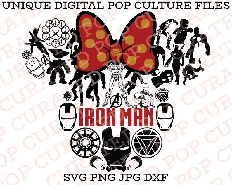 K&ouml;nnte beinhalten: Eine rote und wei&szlig;e Schleife mit gelben Punkten, umgeben von schwarzen Silhouetten von Iron Man-Charakteren. Der Text "IRON MAN" ist in schwarzen Buchstaben unter der Schleife geschrieben. Das Bild enth&auml;lt den Text "SVG PNG JPG DXF".