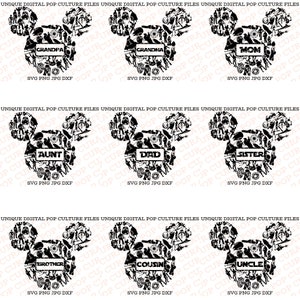 May include: Six black and white digital illustrations of Mickey Mouse heads made up of various pop culture characters. Each head has a different word in the center: "Grandpa", "Grandma", "Mom", "Aunt", "Dad", "Sister", "Brother", "Cousin", "Uncle". The text "SVG PNG JPG DXF" appears below each image.