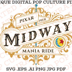 May include: A vintage-style sign with ornate gold details and a black background. The sign reads "PIXAR PIER MIDWAY MANIA RIDE" with a stylized image of a blue and red ball with a star on it. The sign is surrounded by a decorative border with a floral pattern.