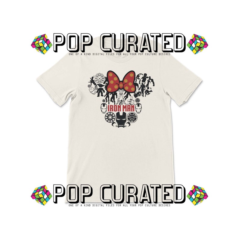 K&ouml;nnte beinhalten: Ein wei&szlig;es T-Shirt mit einer rot-wei&szlig;en Schleife und einer schwarz-wei&szlig;en Grafik von Iron Man und anderen Marvel-Charakteren. Der Text "Iron Man" ist unter der Grafik gedruckt. Der Text "POP CURATED" ist oben und unten im Bild gedruckt.