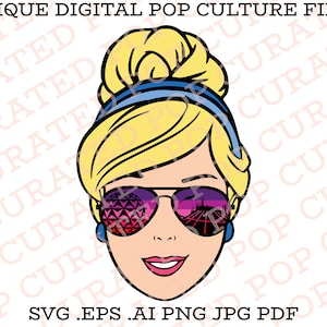 May include: A digital illustration of a cartoon woman with blonde hair and blue eyes wearing sunglasses. The sunglasses have a purple frame and the lenses show a pink and purple image of a castle and a sphere. The woman is wearing a blue headband and has a bun in her hair. The background is white with the text "UNIQUE DIGITAL POP CULTURE FILES" repeated in a diagonal pattern.