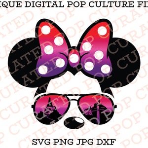 May include: A black and white silhouette of Mickey Mouse's head with a pink and red bow with white polka dots. The silhouette is wearing sunglasses with a reflection of a castle in the lenses. The text "SVG PNG JPG DXF" is at the bottom of the image.