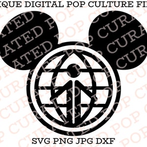 May include: Black and white silhouette of Mickey Mouse ears with a globe inside the ears. The globe has a stylized person inside. The text "SVG PNG JPG DXF" is below the image.