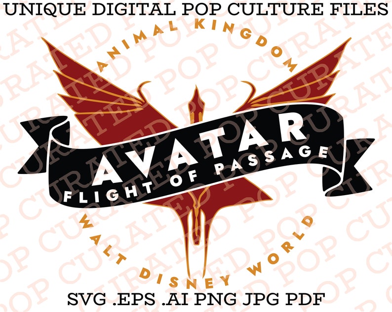 May include: A black and red logo with a stylized bird design. The logo says "Avatar Flight of Passage" in a white banner.