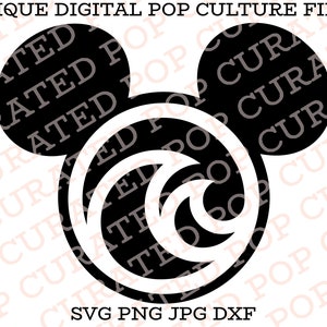 May include: Black and white silhouette of Mickey Mouse ears with a stylized wave design inside the circle. The text "SVG PNG JPG DXF" is below the image.