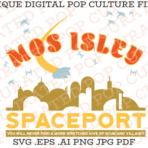 Op de afbeelding: Een digitale illustratie van een geel en oranje stadsbeeld met de tekst "Mos Eisley Spaceport" en de quote "You will never find a more wretched hive of scum and villainy." De achtergrond is wit met de tekst "Unique Digital Pop Culture Files" die in een patroon wordt herhaald.