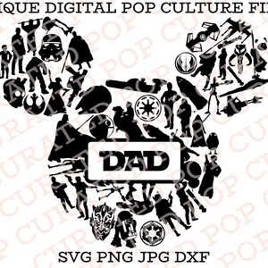 May include: Black and white silhouette of a Mickey Mouse head made up of Star Wars characters and spaceships. The word "DAD" is in the center of the head.