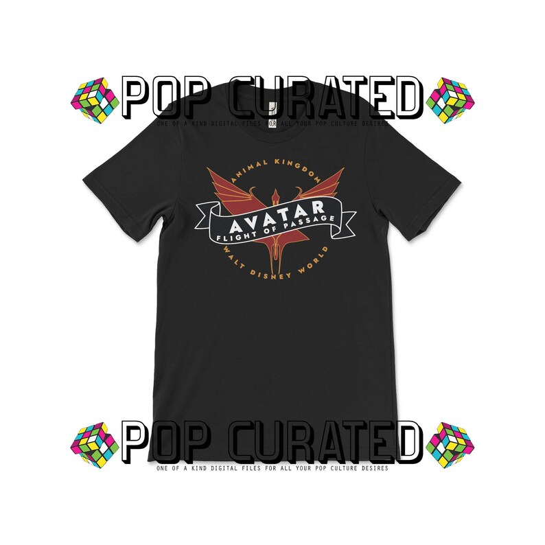 May include: Black t-shirt with a red and gold logo for the Avatar Flight of Passage ride at Disney's Animal Kingdom. The logo features a winged creature with the text "Avatar Flight of Passage" and "Walt Disney World".