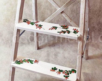 Escabeau moderne en bois blanc avec motif d'épine-vinette peint à la main – 3 marches