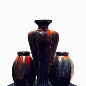 Vintage 1920s Thulin Belgium Art Nouveau | 3-Piece Drip Glaze Ceramic Vase Set | Red, Blue & Black Collectible or Gift