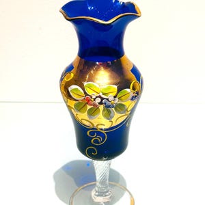 Vintage Art Nouveau Cobalt Blue Vase: Czech Bohemia Gold Gilded Floral Glassware