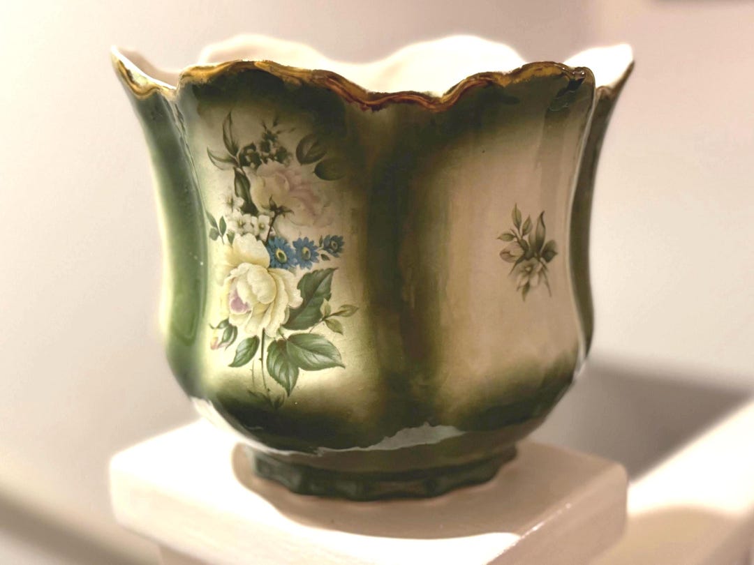 Rockingham Pottery Vintage - Antique Rockingham Pottery Gilded Planter - Green and White ...