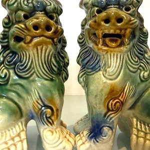 Vintage Green Glazed Foo Dogs: 1950s Chinese Guardian Lions