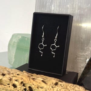 May include: Silver dopamine molecule earrings in a black box. The earrings are a scientific representation of the neurotransmitter dopamine, with a hook for pierced ears. The earrings are presented on a reflective surface.