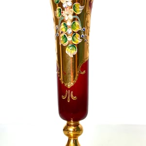 Vintage Art Nouveau Ruby Red Murano Glass Stemware: Floral Enamel & Gold