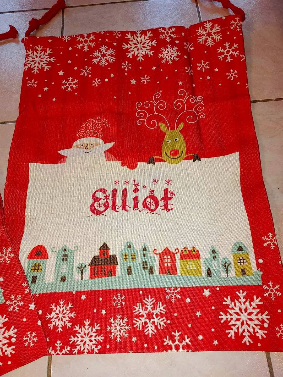 Grand Sac/Hotte à Cadeaux de Nöel Rouge en Toile Chanvre 5066cm avec Prénom