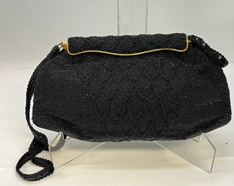 Vintage Black Beaded Handmade in France Handbag Clutch - Brass Frame Art Deco