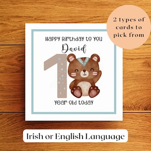 1° biglietto di compleanno per ragazzo con simpatico orsacchiotto personalizzato, grande numero 1 biglietto di compleanno per figlio, nipote, nipote, figlioccio irlandese fatto a mano