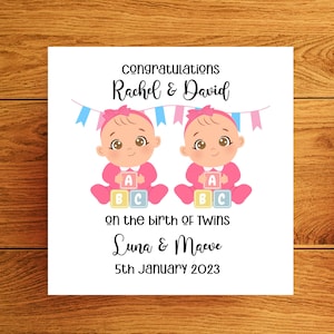 Tarjeta personalizada para gemelas recién nacidas, tarjeta personalizada de felicitaciones para gemelos, tarjeta personalizada de felicitaciones para gemelos.