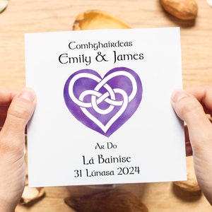 Carte de mariage irlandaise personnalisée avec coeur violet et noeud celtique pour votre fils/fille, carte de mariage de félicitations en irlandais ou en anglais
