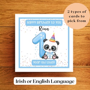Carte d'anniversaire de 1 an pour garçon avec un joli bébé panda personnalisée, grand numéro 1 carte d'anniversaire pour fils, petit-fils, neveu, filleul fait main irlandais