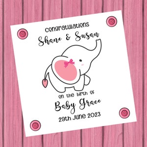 Félicitations c'est une fille New Baby Girl Card Personnalisée avec un design d'éléphant rose / Nouveaux parents de Baby Girl Card