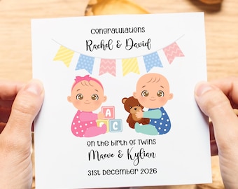 Congrats Twins Personalised Card, Set of Twin Girls or Twin Boys Card, Newborn Twins Personalised Card