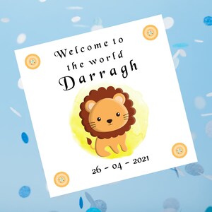 Baby Boy Lion Card personnalisée en anglais ou en langue irlandaise, Bienvenue dans le monde Card Safari animal