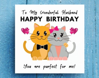 Cute Cats Happy Birthday Card Personalised for Husband, Cute kitten Birthday Greeting Card for Husband