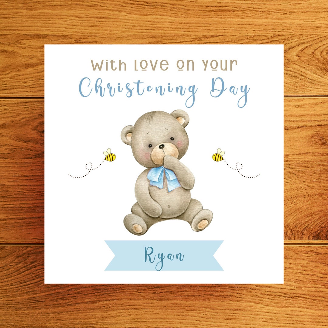 Christening Card for Son, Grandson, Nephew Personalised With Teddy Bear
