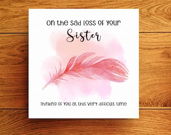 Carte de sympathie soeur avec plume rose, désolé pour votre perte carte soeur, deuil de soeur carte plume, carte de sympathie la plus profonde soeur