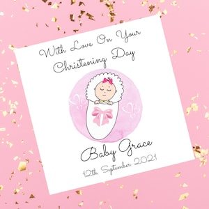 Taufkarte für Baby Mädchen Rosa Schleife personalisiert, Taufkarte Baby Mädchen schläft, Taufe Karte Mädchen
