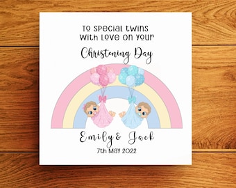 Christening Card twins personalised with balloons and rainbow, Set of Twins Boy & Girl Baptism Card, Naming Ceremony Card