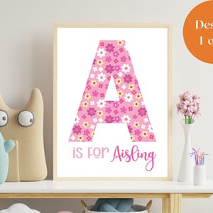 Impresión floral inicial personalizada para niña / Arte mural con letra A grande para habitación de bebé / 8 diseños / Efecto lino A4 / Regalo con nombre personalizado