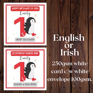 carte d'âge 1 garçon ou fille personnalisée en langue irlandaise Anniversaire, Carte d'anniversaire d'un an, Pingouin, Polo Bear, Hérisson
